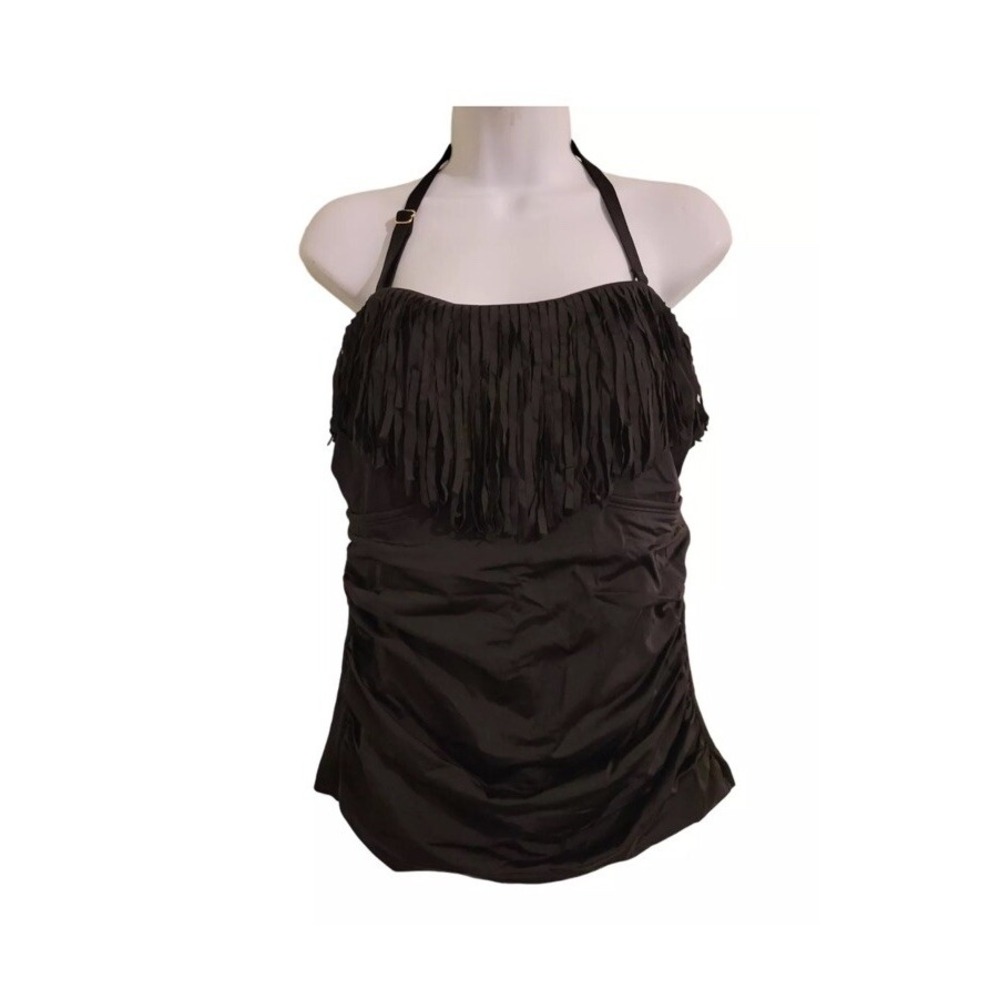 Swimsuits for All 16 Black Fringe Tankini Bandeau‎ Beach Swim Vacation Summer